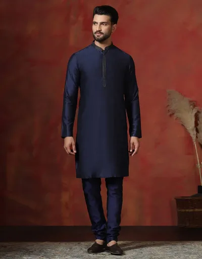 Navy Blue Dupion Kurta For Men With Solid Design